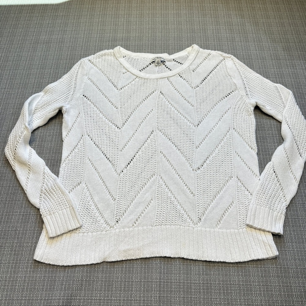 Coastal‎ Boho Open Knit Sweater Large White Pullover Layering Chevron Euro